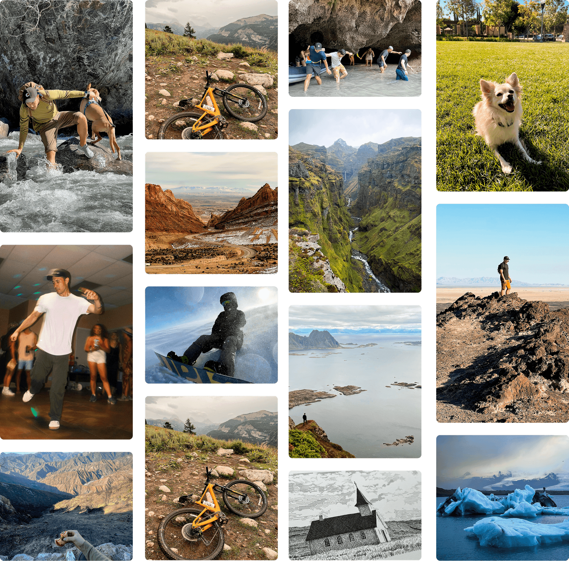 Life Beyond Design - A collage of lifestyle photos featuring scenic mountain landscapes, coastal villages, desert canyons,  and playful moments with pets